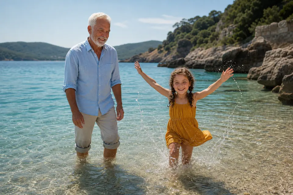 Foto de muestra de un abuelo y su nieta en el mar