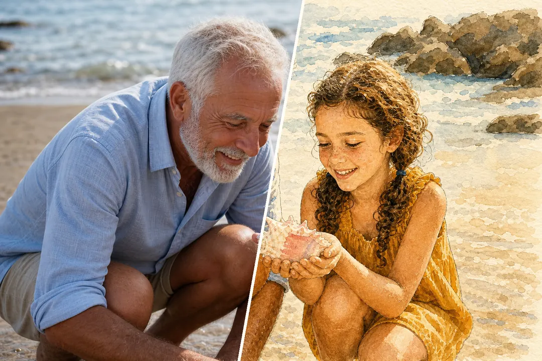 Una foto de muestra del abuelo y su nieta con una caracola: a la izquierda la foto original y a la derecha la misma escena en acuarela