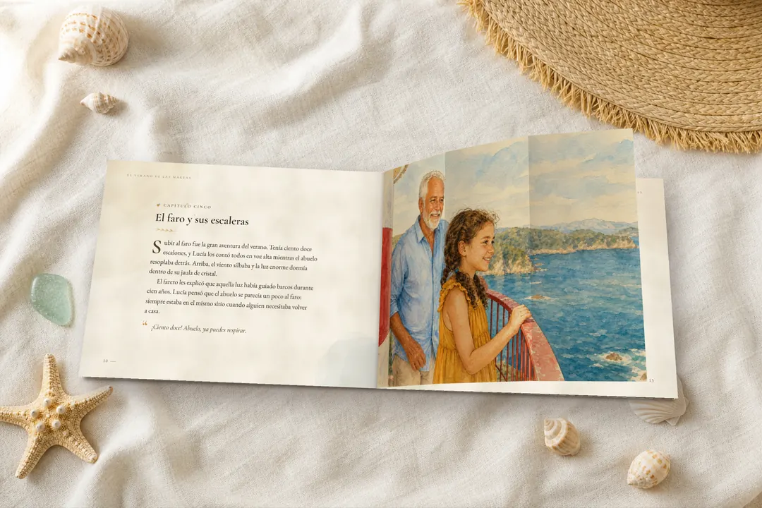 Una página del álbum a medio pasar, con la ilustración del faro apareciendo debajo