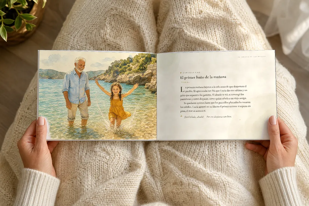 El álbum abierto en las manos de una persona, por la doble página del primer baño