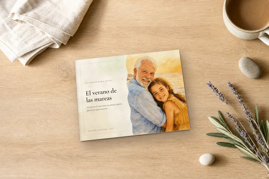 Álbum apaisado de 20 × 15 cm cerrado sobre una mesa de madera, con la portada «El verano de las mareas»