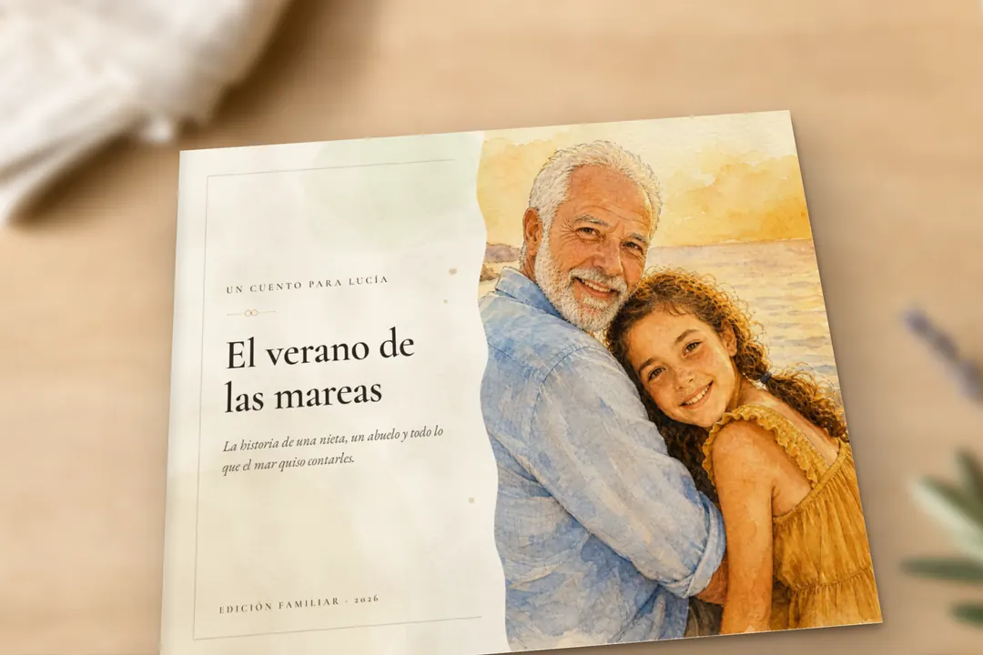 Detalle de la portada: título, subtítulo y la foto del abuelo y su nieta en acuarela