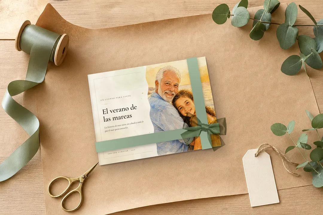 El álbum envuelto con una cinta verde para regalar